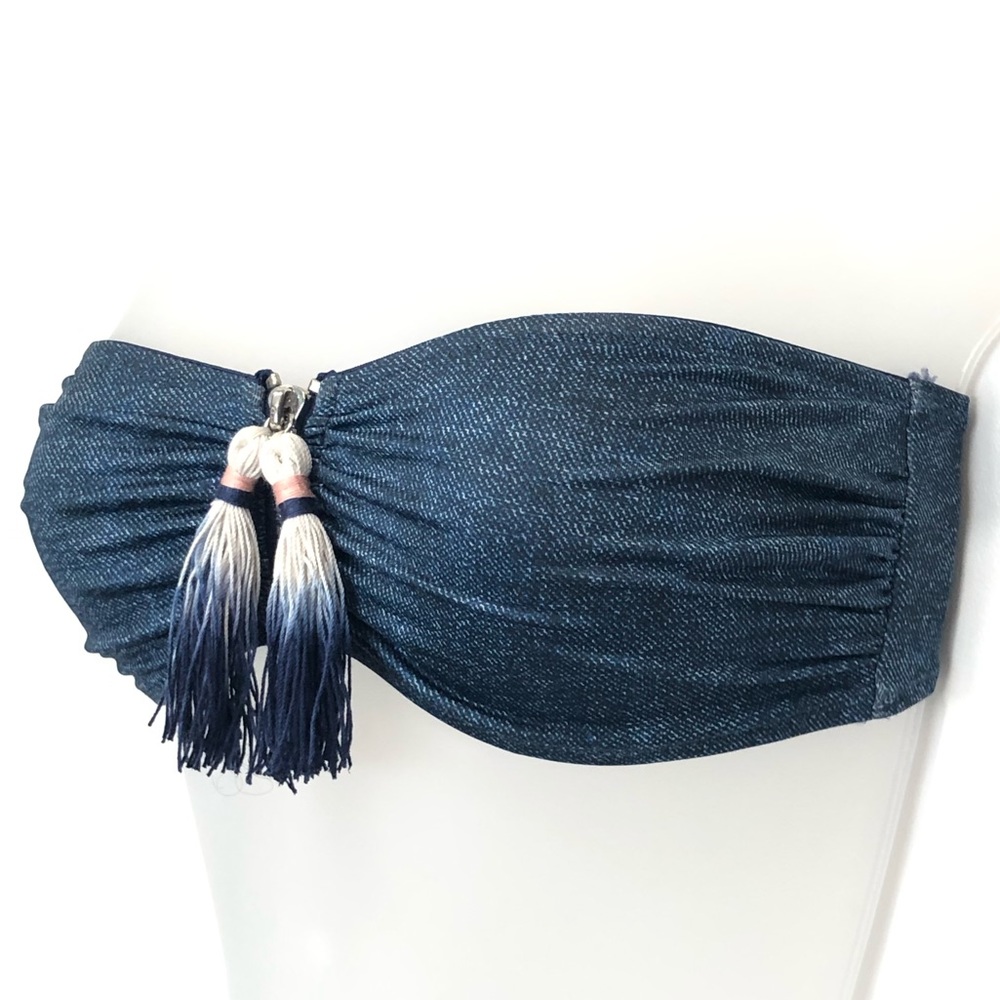 H&M Jean Print Bandeau Zip Bikini Top & Tassle Bikini Bottom - Picture 4 of 7